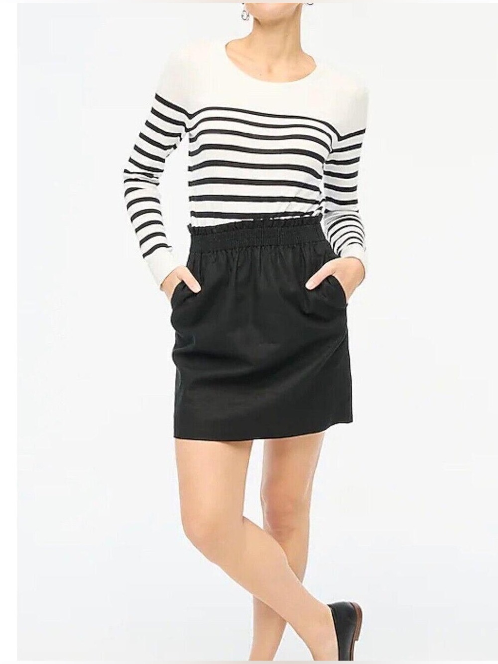 J. Crew Black Linen-Cotton Blend City Mini Paper Bag Elastic Waist Skirt